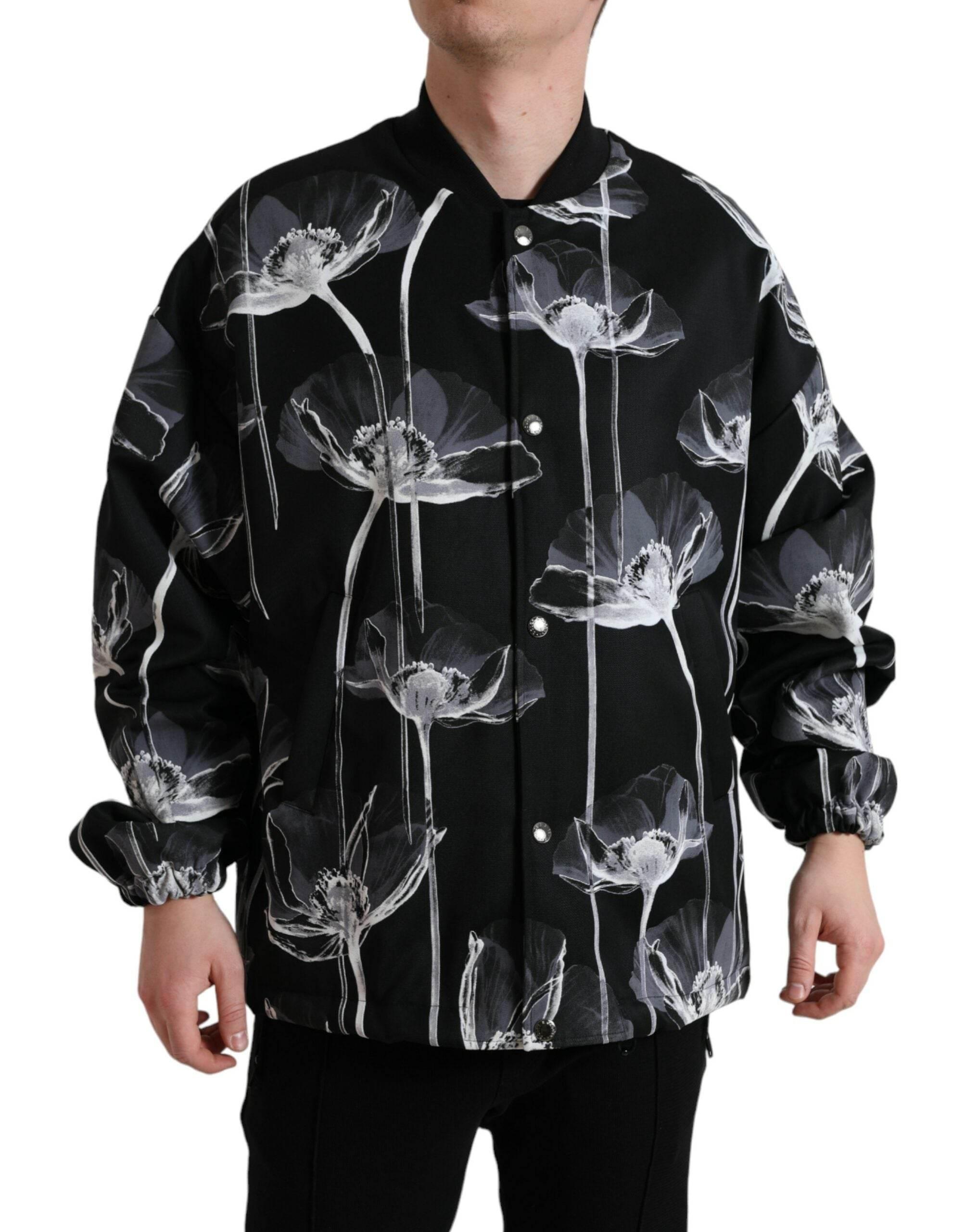 Dolce & Gabbana Black Floral Print Wool Button Down Bomber Jacket - Hilstor