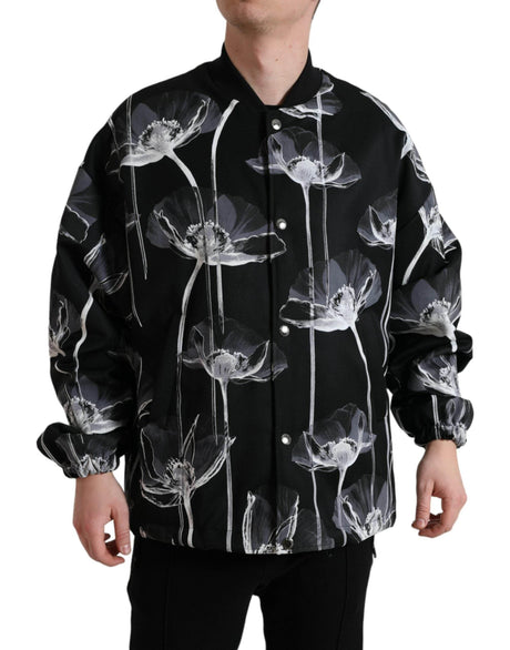 Dolce & Gabbana Black Floral Print Wool Button Down Bomber Jacket - Hilstor