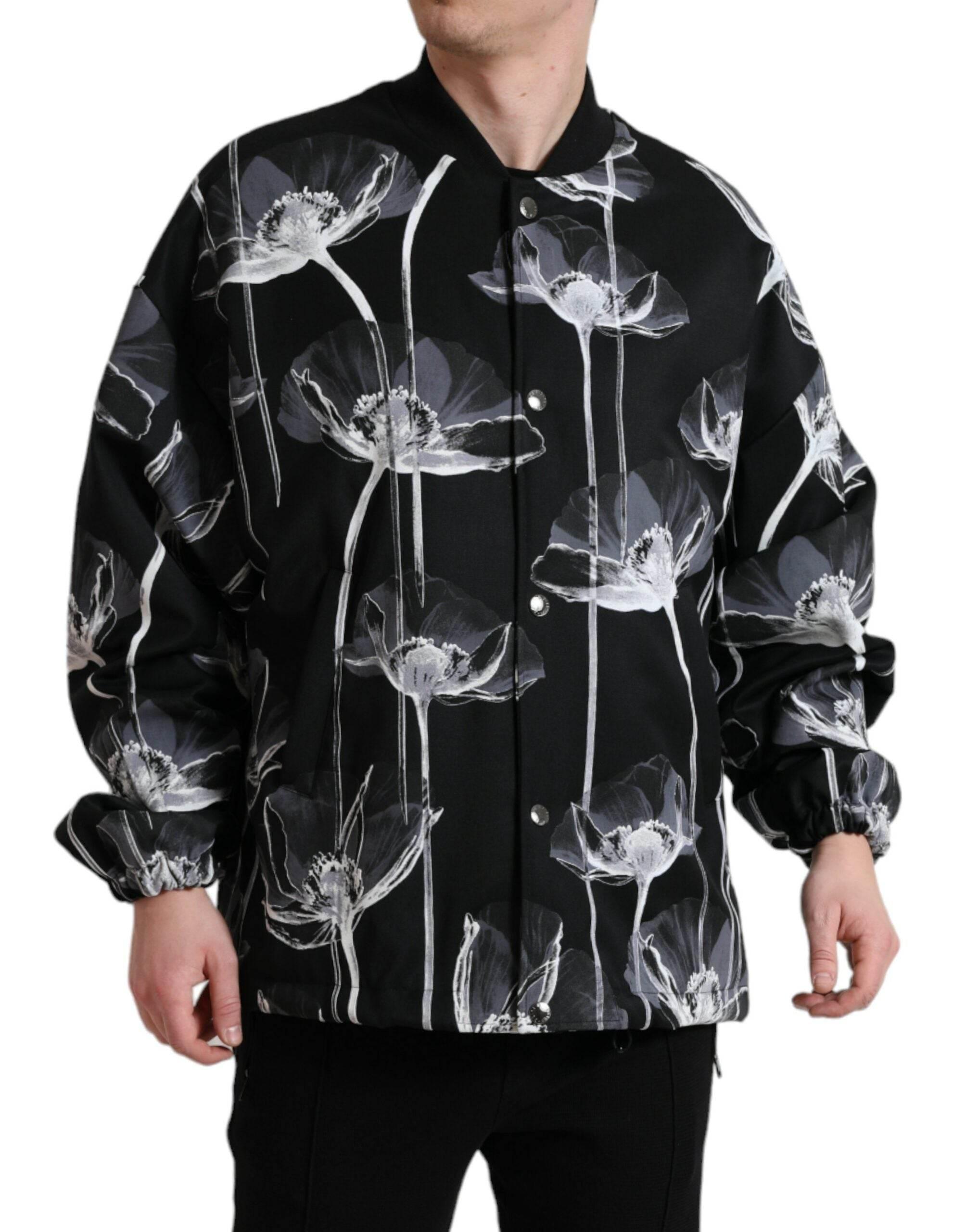 Dolce & Gabbana Black Floral Print Wool Button Down Bomber Jacket - Hilstor