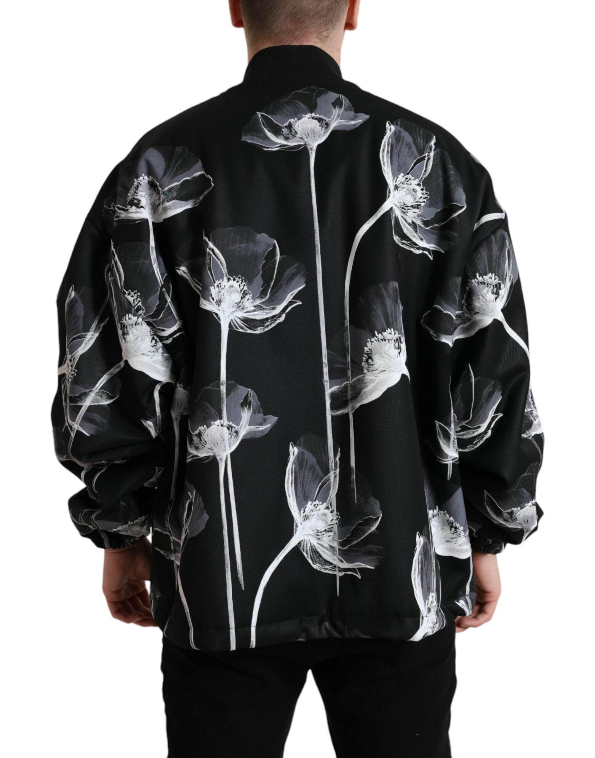 Dolce & Gabbana Black Floral Print Wool Button Down Bomber Jacket - Hilstor