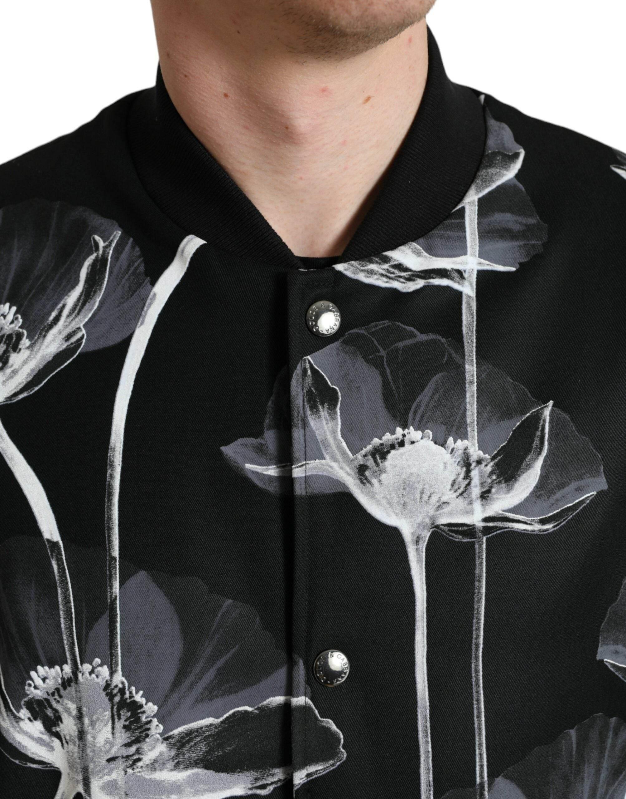 Dolce & Gabbana Black Floral Print Wool Button Down Bomber Jacket - Hilstor