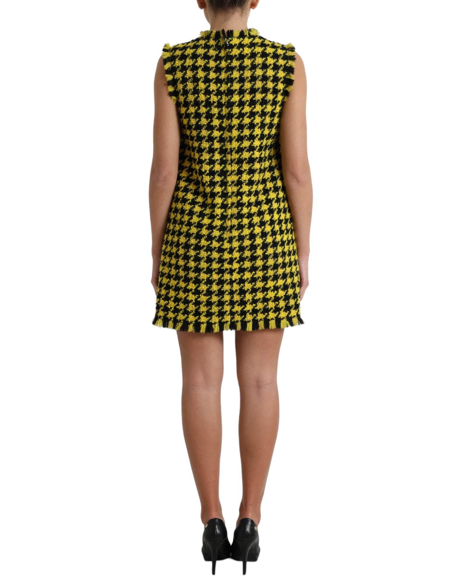 Dolce & Gabbana Yellow Houndstooth Sleeveless Aline Mini Dress - Hilstor