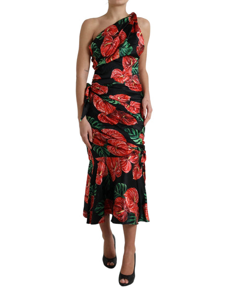 Dolce & Gabbana Black Shiny Silk Floral Print Draped Dress - Hilstor