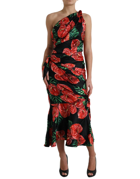 Dolce & Gabbana Black Shiny Silk Floral Print Draped Dress - Hilstor