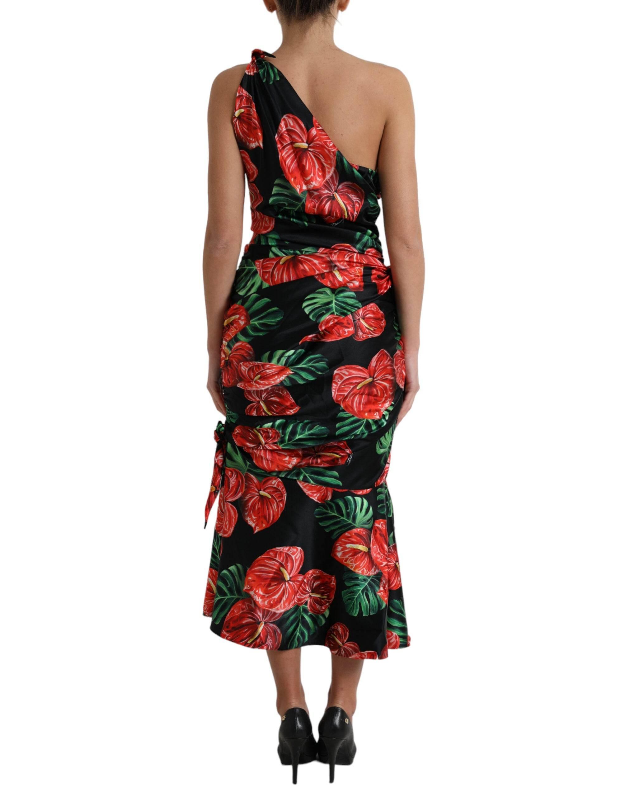 Dolce & Gabbana Black Shiny Silk Floral Print Draped Dress - Hilstor