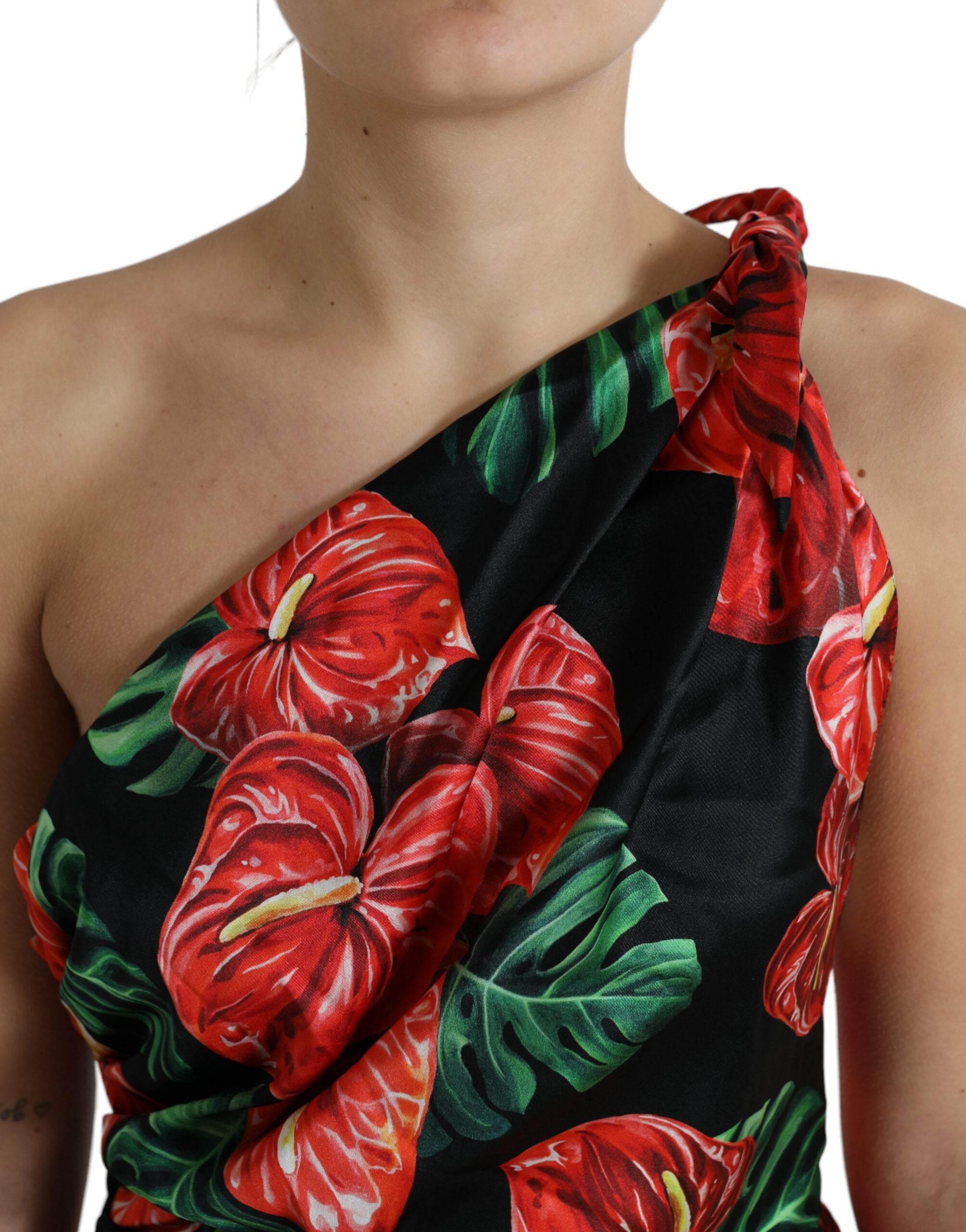 Dolce & Gabbana Black Shiny Silk Floral Print Draped Dress - Hilstor