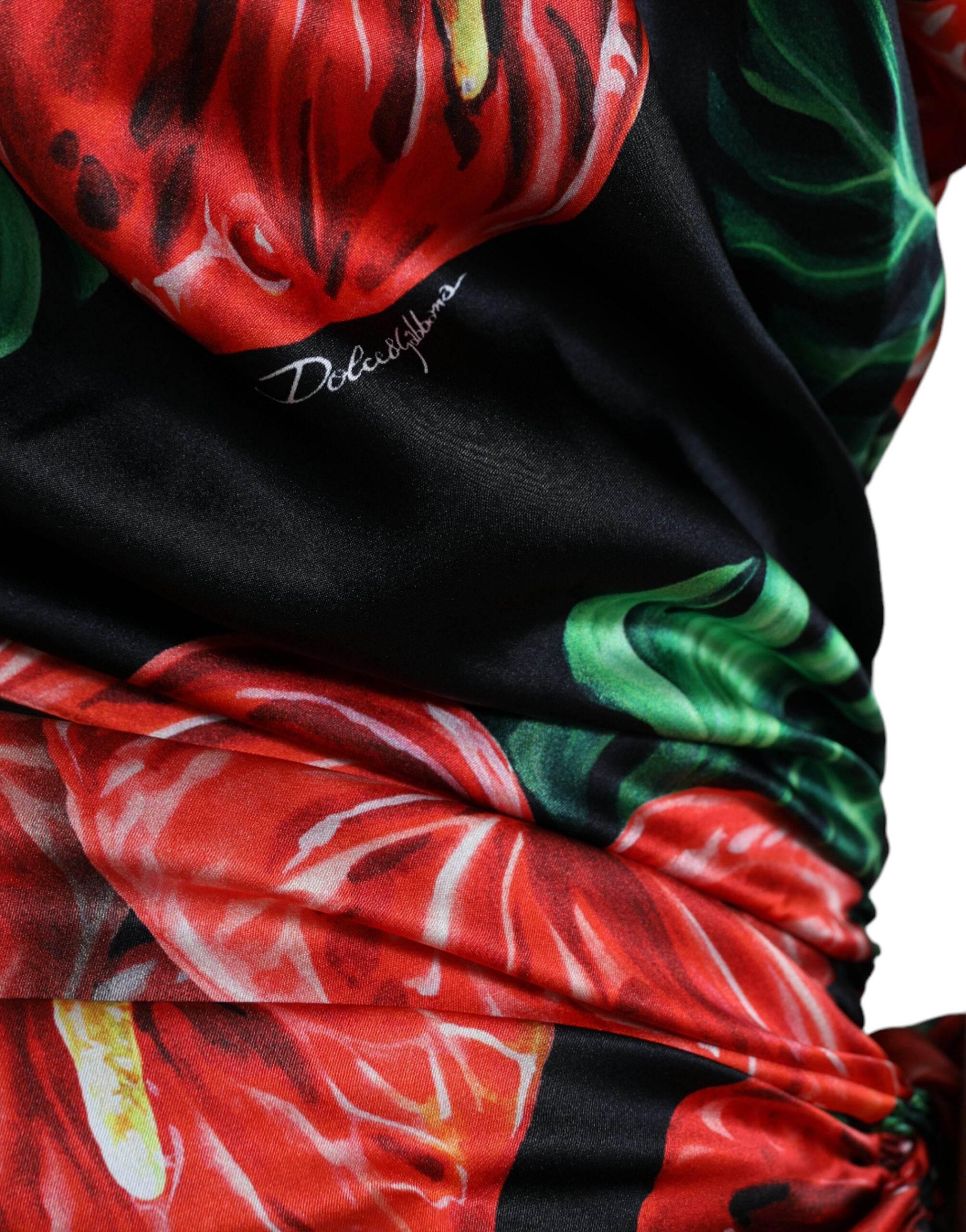 Dolce & Gabbana Black Shiny Silk Floral Print Draped Dress - Hilstor