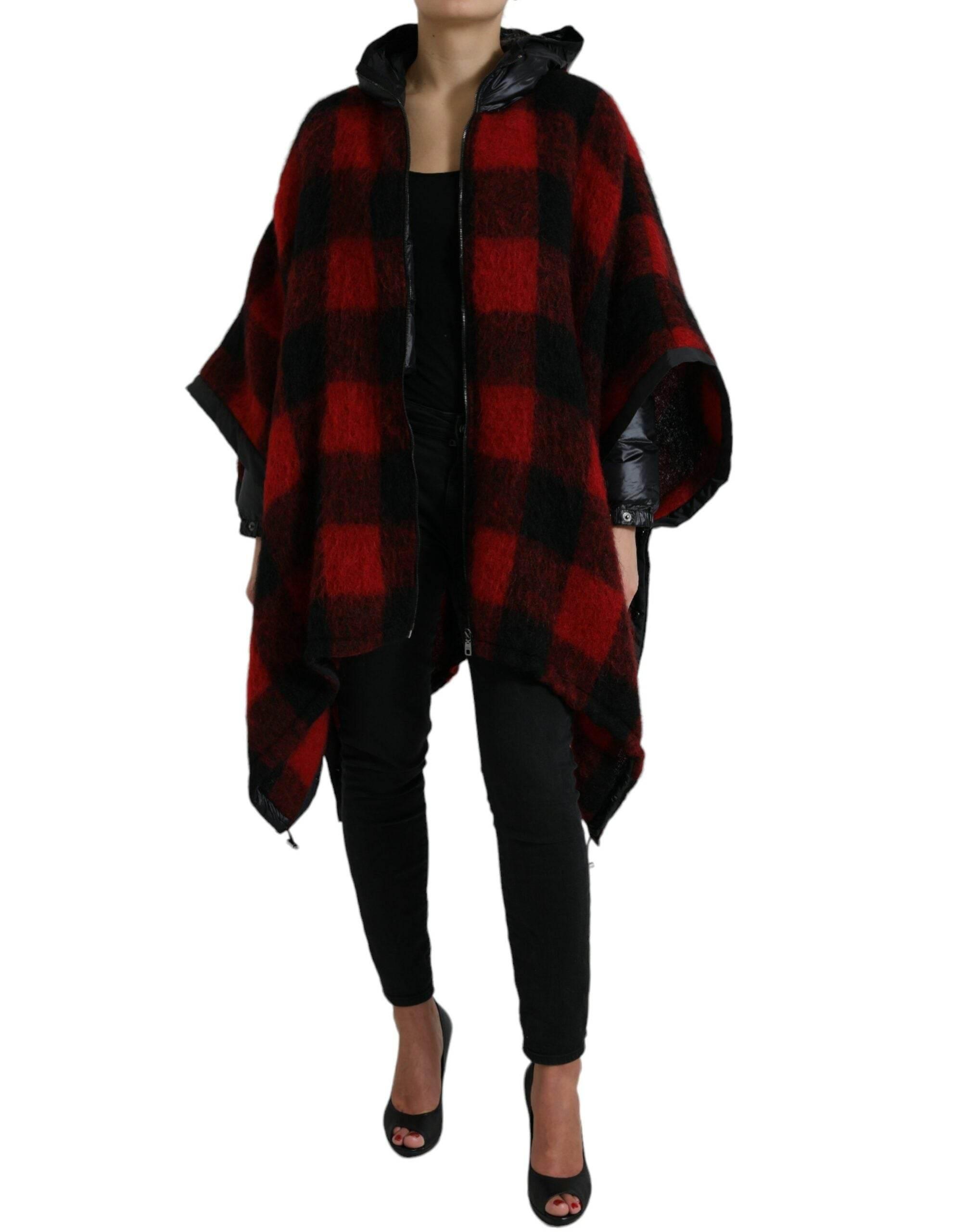 Dolce & Gabbana Black Red Buffalo Check Hooded Poncho Jacket - Hilstor