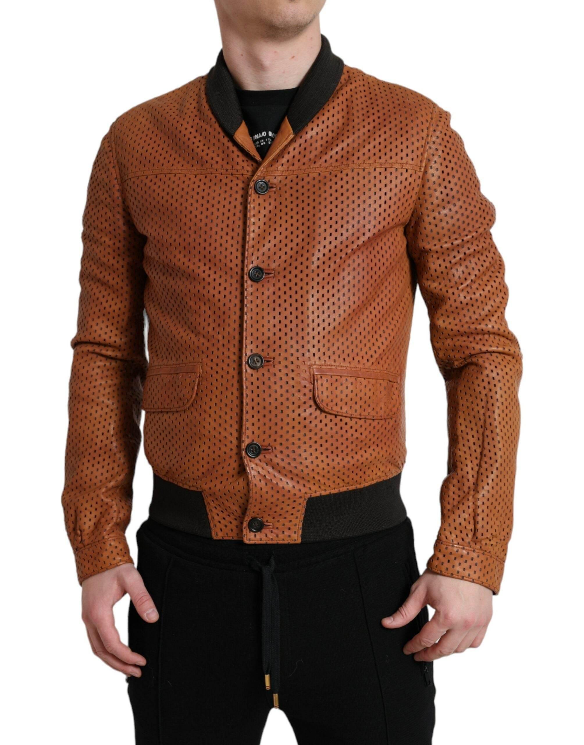 Dolce & Gabbana Brown Lambskin Leather Perforated Jacket - Hilstor