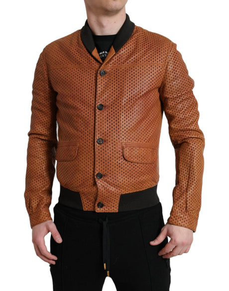 Dolce & Gabbana Brown Lambskin Leather Perforated Jacket - Hilstor