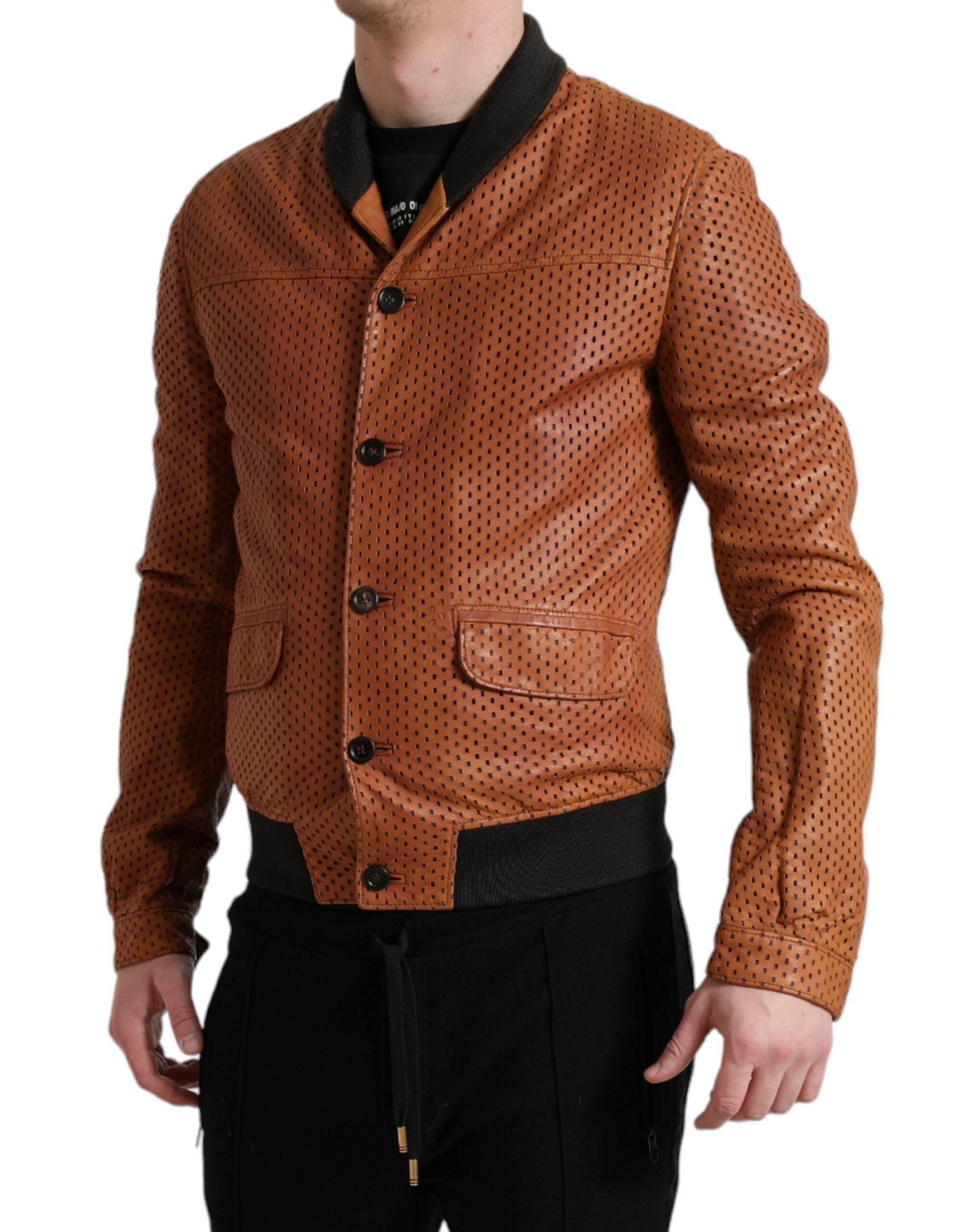 Dolce & Gabbana Brown Lambskin Leather Perforated Jacket - Hilstor