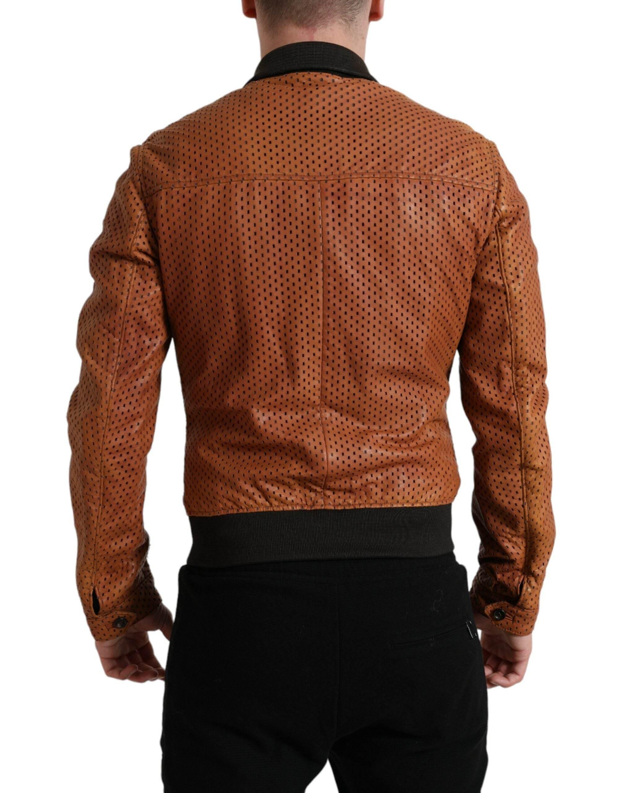 Dolce & Gabbana Brown Lambskin Leather Perforated Jacket - Hilstor