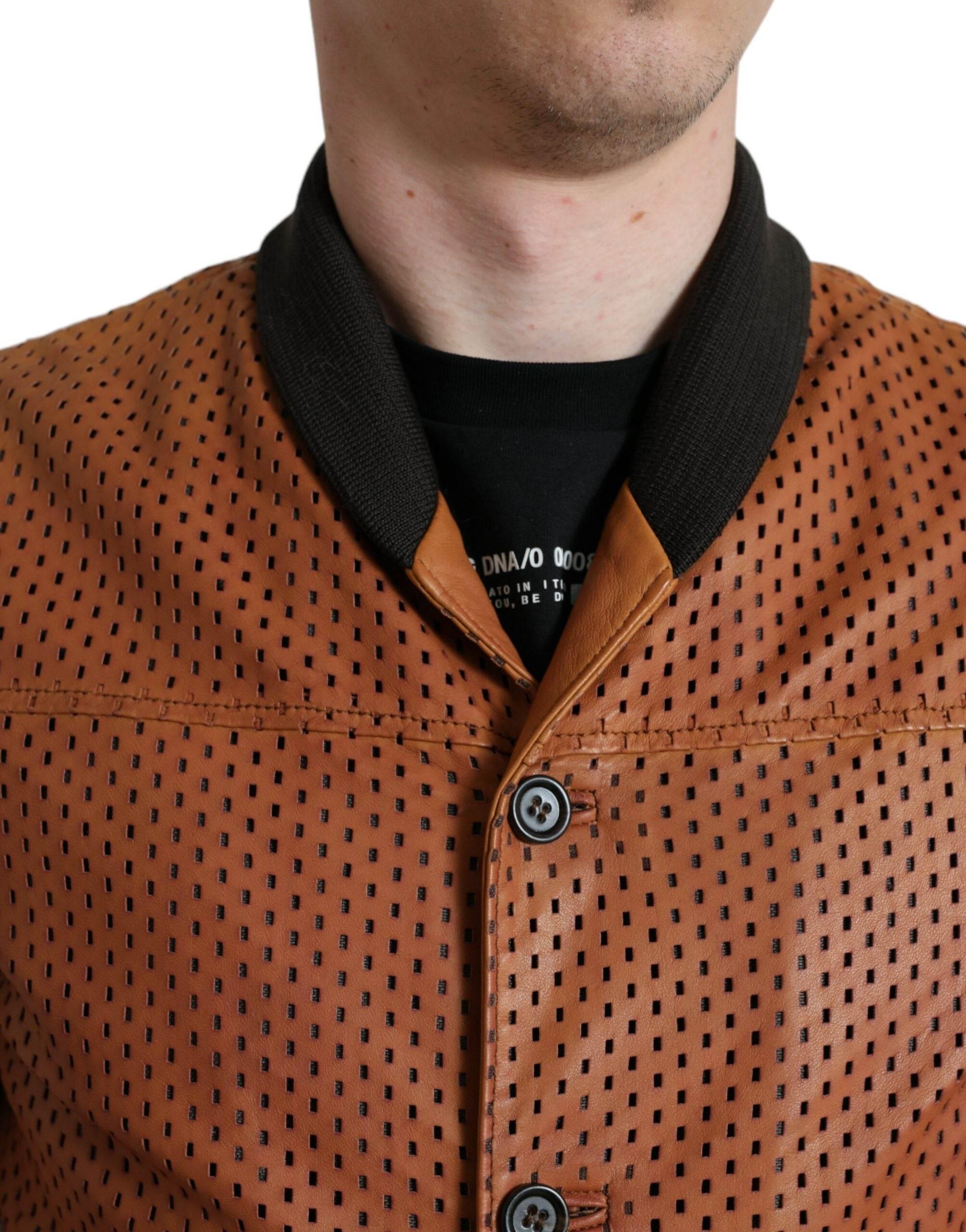 Dolce & Gabbana Brown Lambskin Leather Perforated Jacket - Hilstor