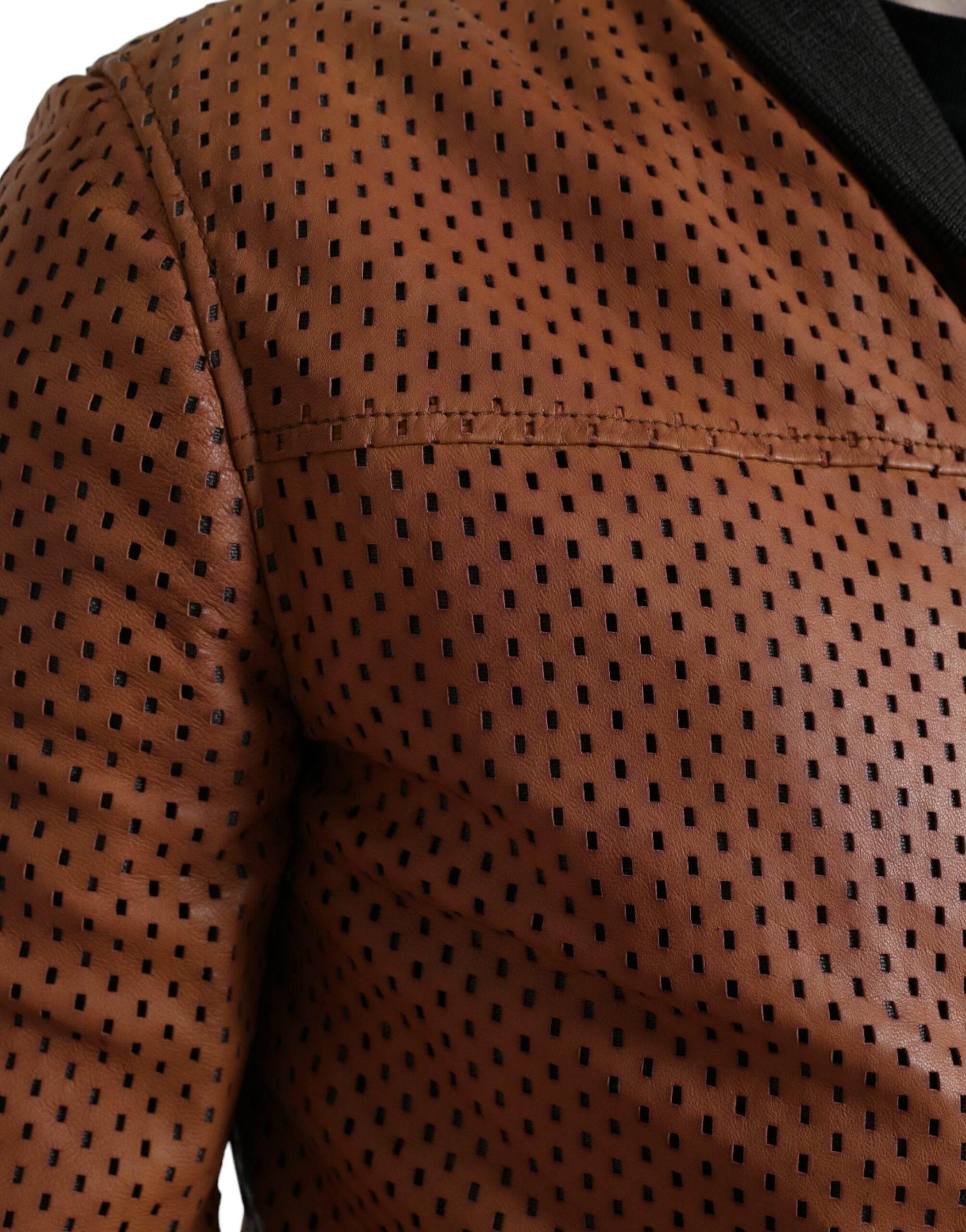 Dolce & Gabbana Brown Lambskin Leather Perforated Jacket - Hilstor
