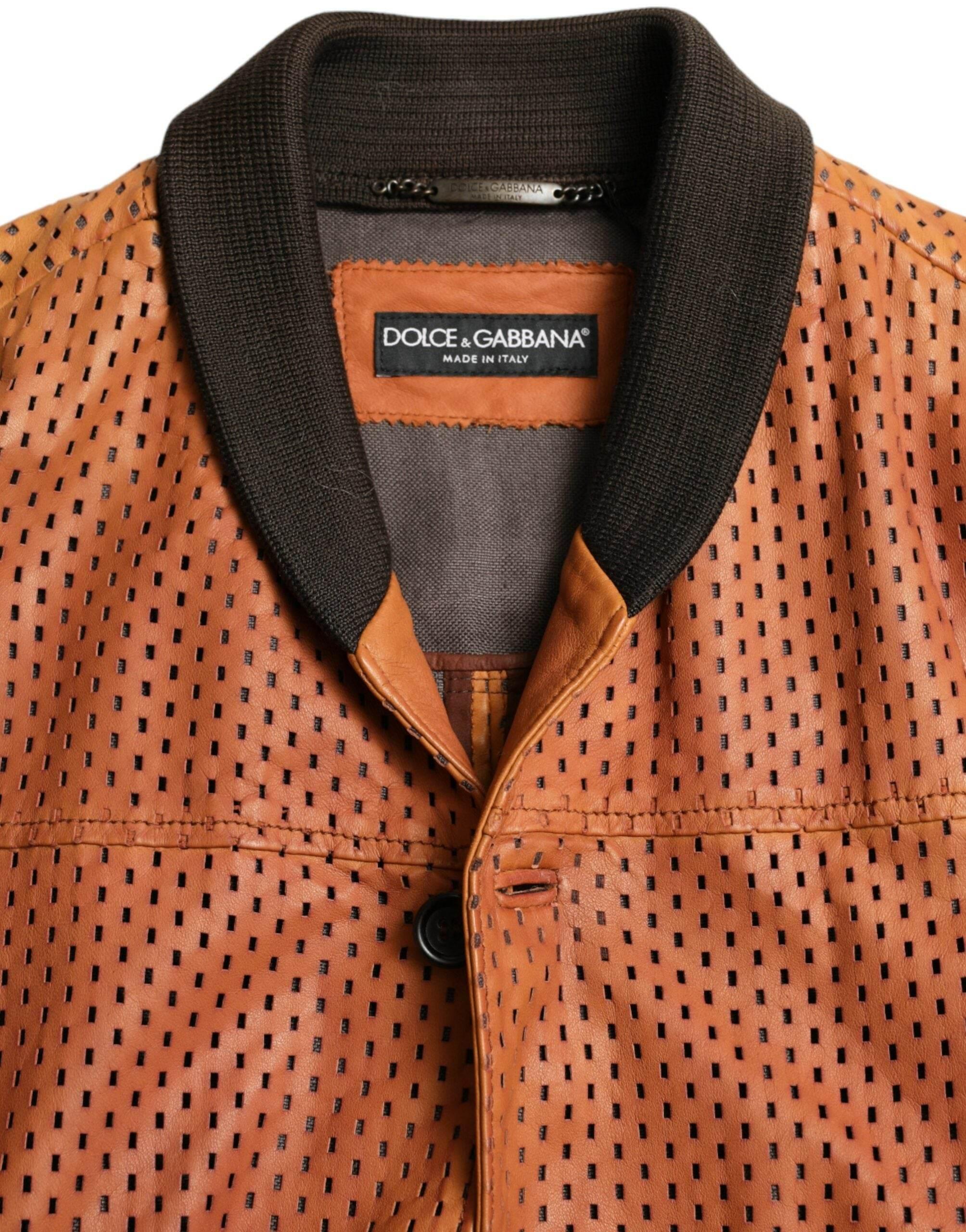 Dolce & Gabbana Brown Lambskin Leather Perforated Jacket - Hilstor