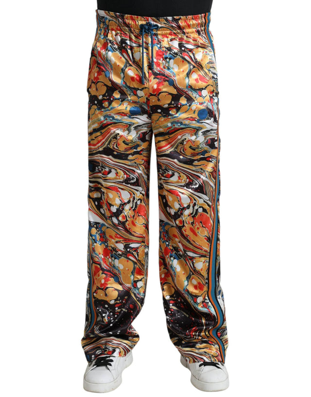Dolce & Gabbana Elegant Satin Track Pants in Multicolor Marble - Hilstor