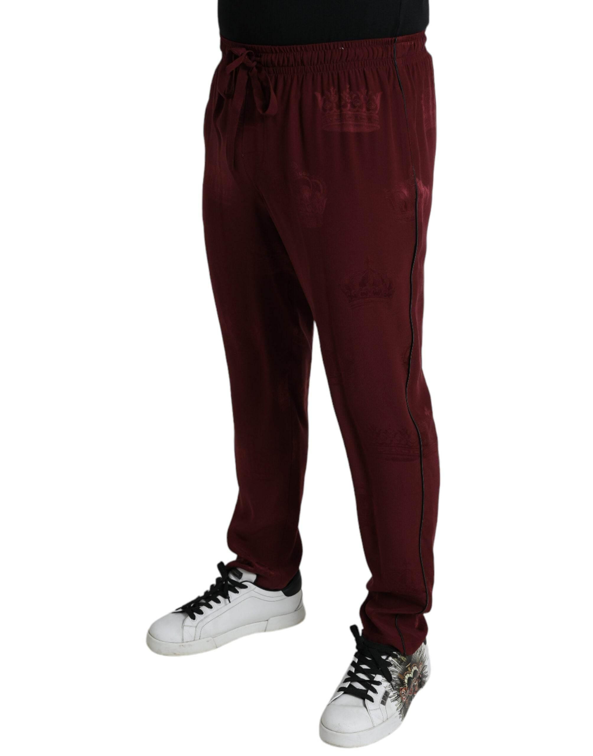Dolce & Gabbana Maroon Crown Pattern Silk Pajama Pants - Hilstor