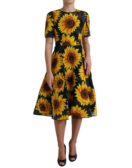 Dolce & Gabbana Black Sunflower Print Nylon A-line Midi Dress - Hilstor