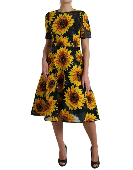 Dolce & Gabbana Black Sunflower Print Nylon A-line Midi Dress - Hilstor