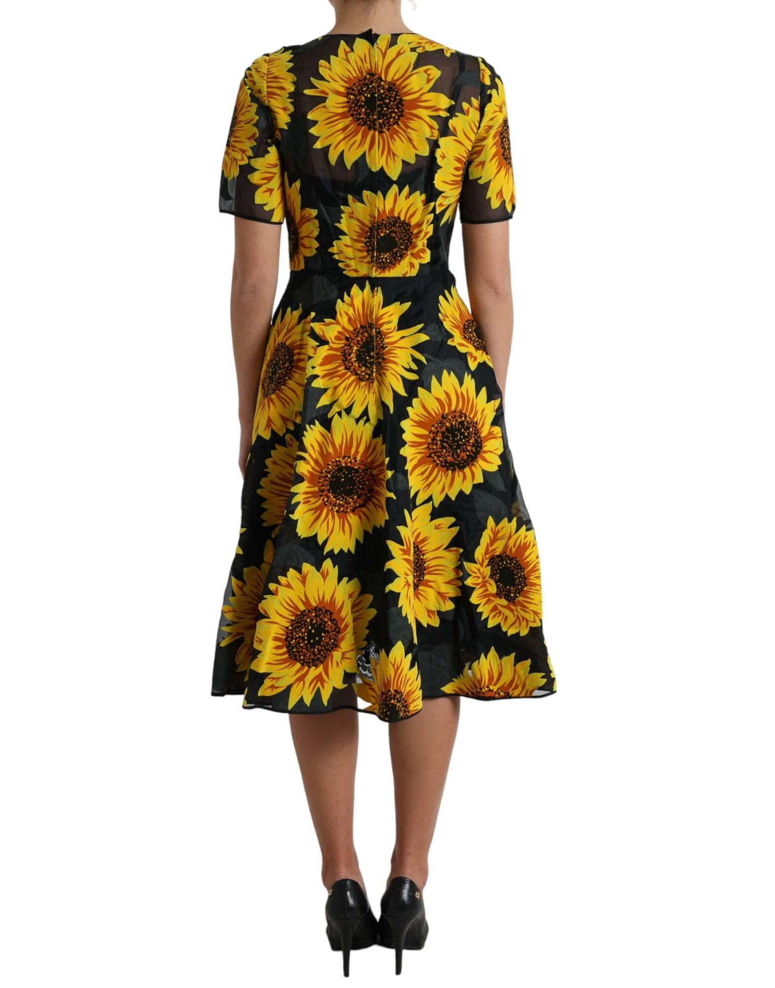 Dolce & Gabbana Black Sunflower Print Nylon A-line Midi Dress - Hilstor