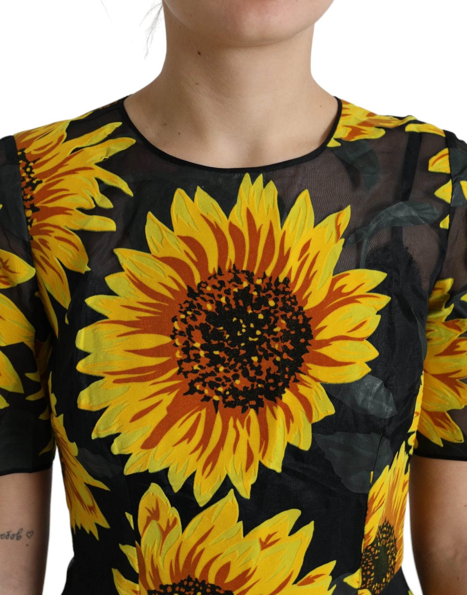 Dolce & Gabbana Black Sunflower Print Nylon A-line Midi Dress - Hilstor