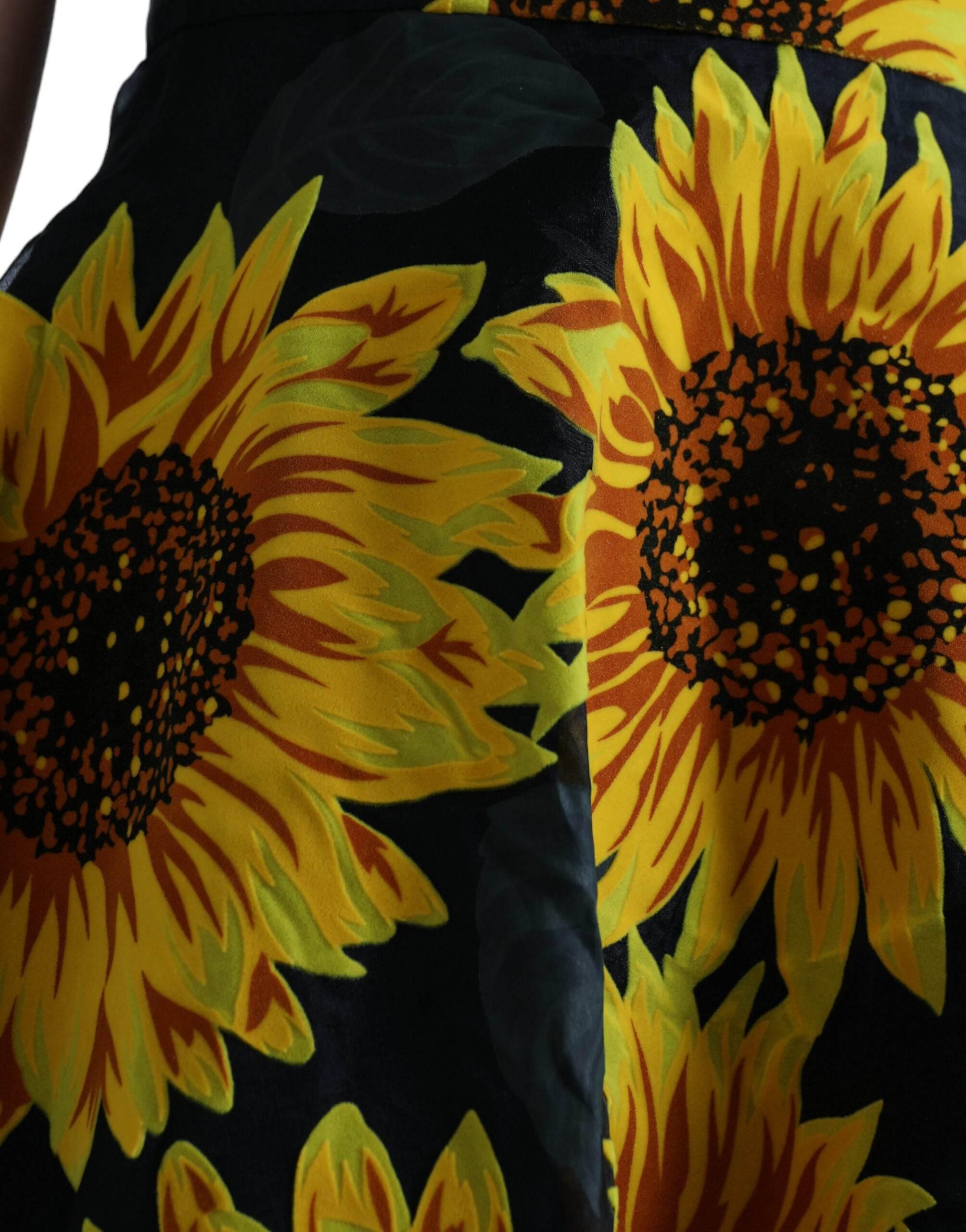 Dolce & Gabbana Black Sunflower Print Nylon A-line Midi Dress - Hilstor