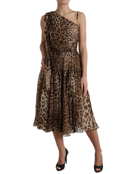 Dolce & Gabbana Brown Leopard Print Silk Ruffled Midi Dress - Hilstor