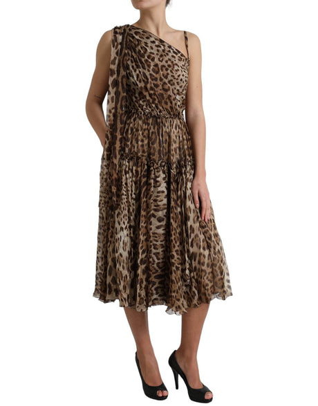 Dolce & Gabbana Brown Leopard Print Silk Ruffled Midi Dress - Hilstor