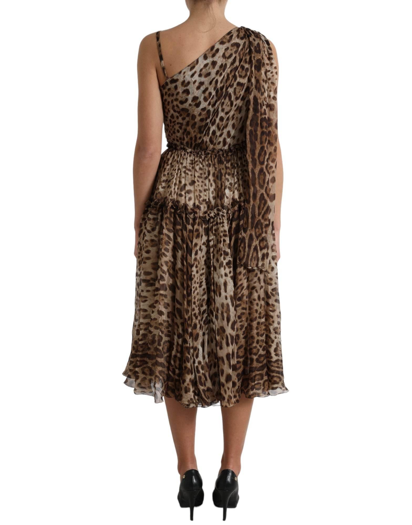 Dolce & Gabbana Brown Leopard Print Silk Ruffled Midi Dress - Hilstor