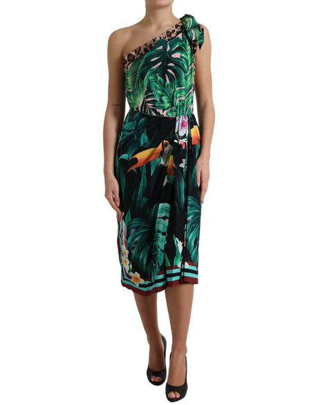 Dolce & Gabbana Green Tropical Jungle Print One Shoulder Midi Dress - Hilstor