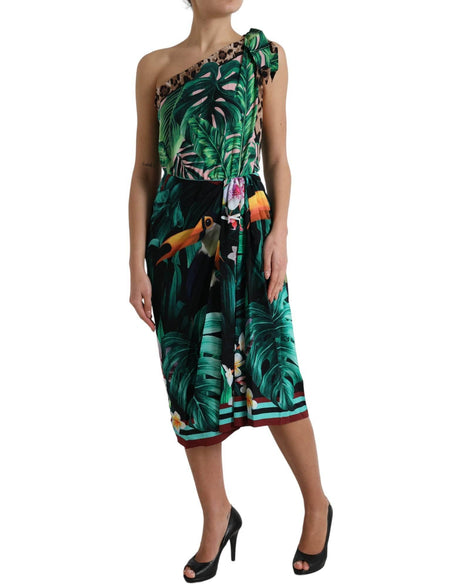 Dolce & Gabbana Green Tropical Jungle Print One Shoulder Midi Dress - Hilstor