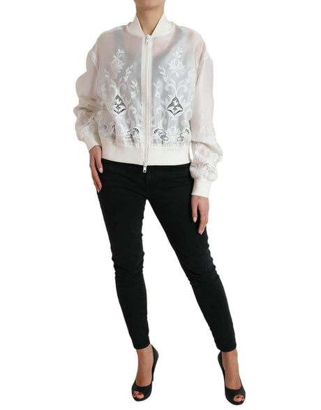 Dolce & Gabbana White Floral Lace Silk Full Zip Bomber Jacket - Hilstor