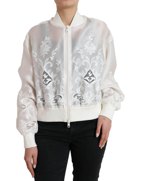 Dolce & Gabbana White Floral Lace Silk Full Zip Bomber Jacket - Hilstor