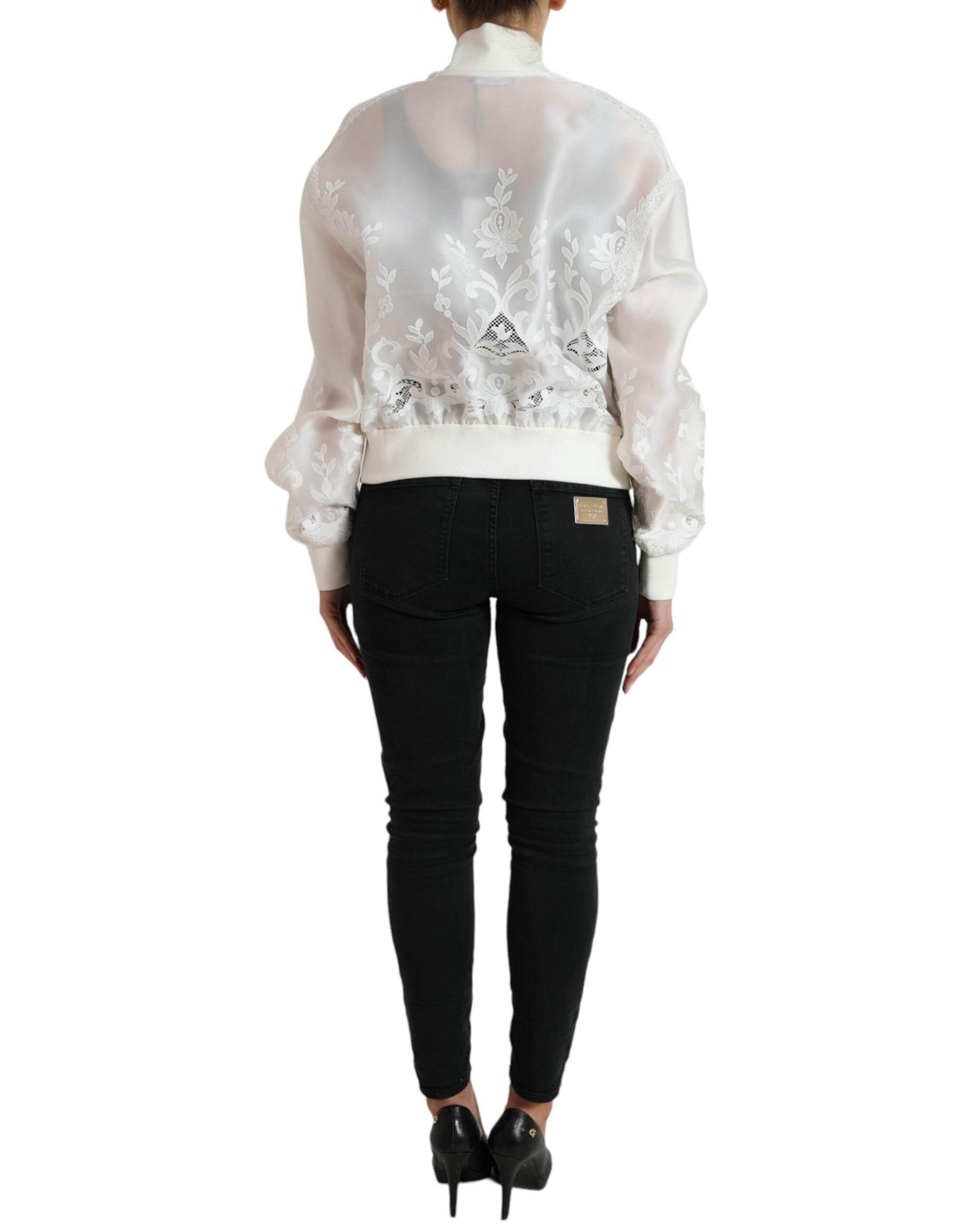Dolce & Gabbana White Floral Lace Silk Full Zip Bomber Jacket - Hilstor