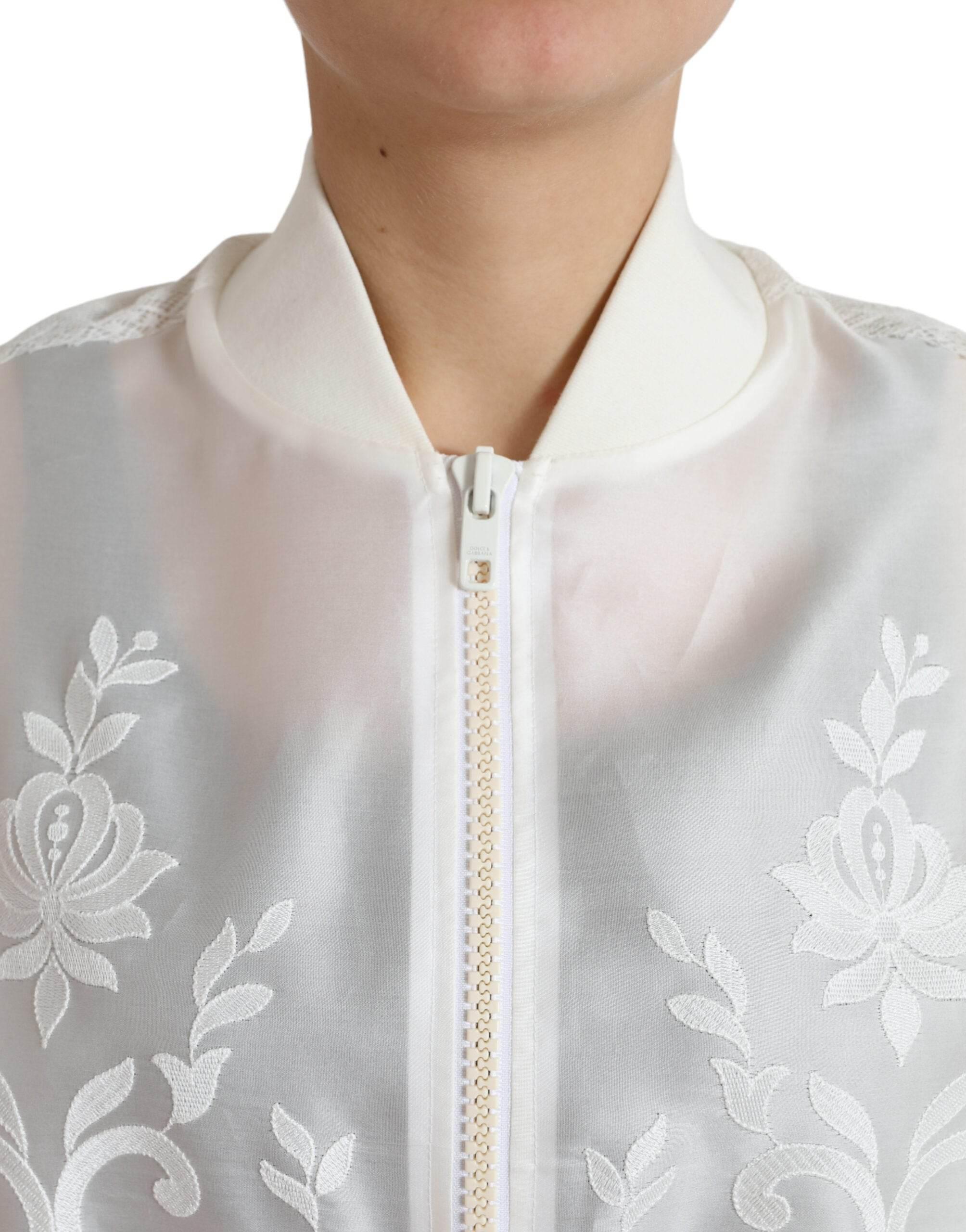 Dolce & Gabbana White Floral Lace Silk Full Zip Bomber Jacket - Hilstor
