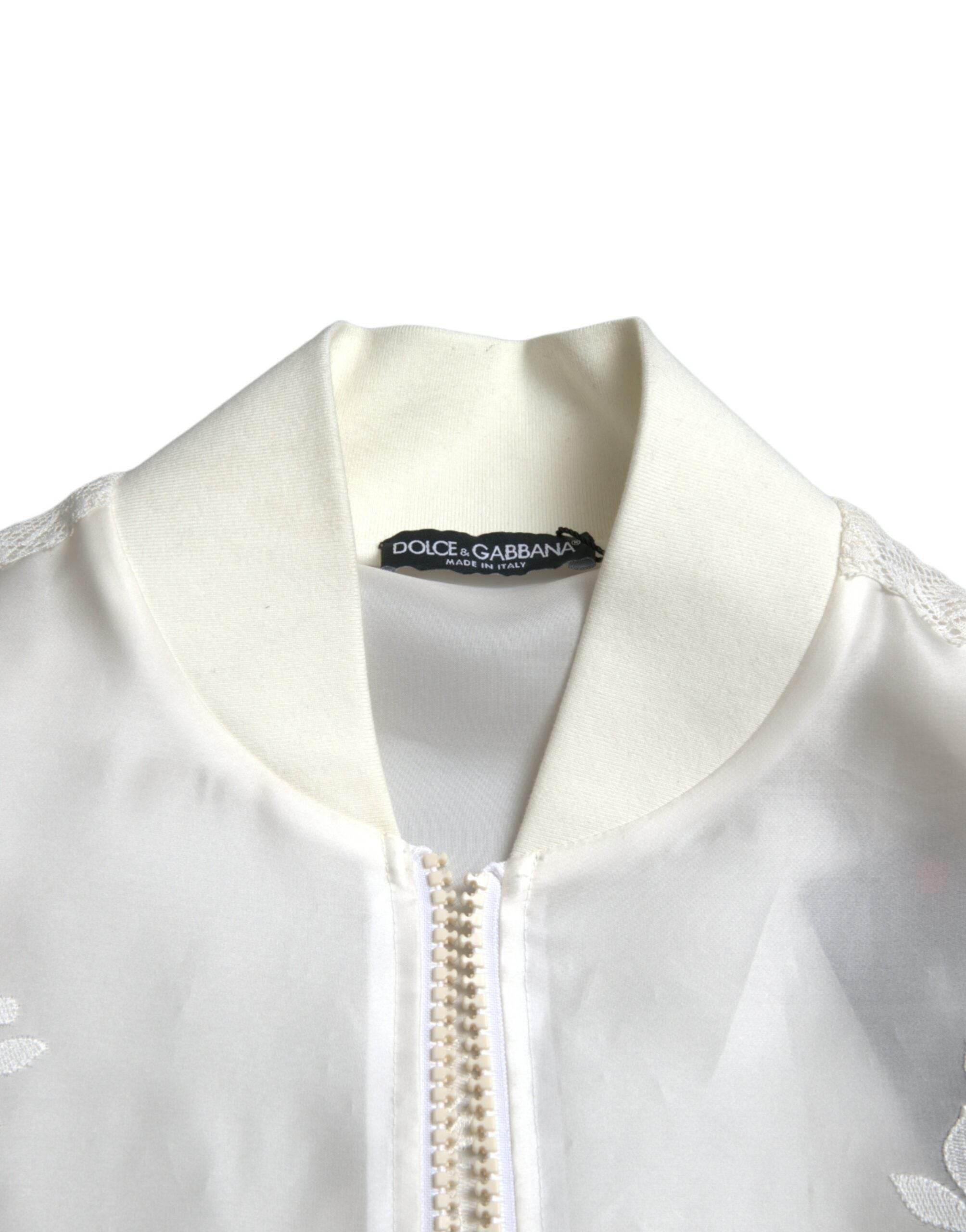 Dolce & Gabbana White Floral Lace Silk Full Zip Bomber Jacket - Hilstor
