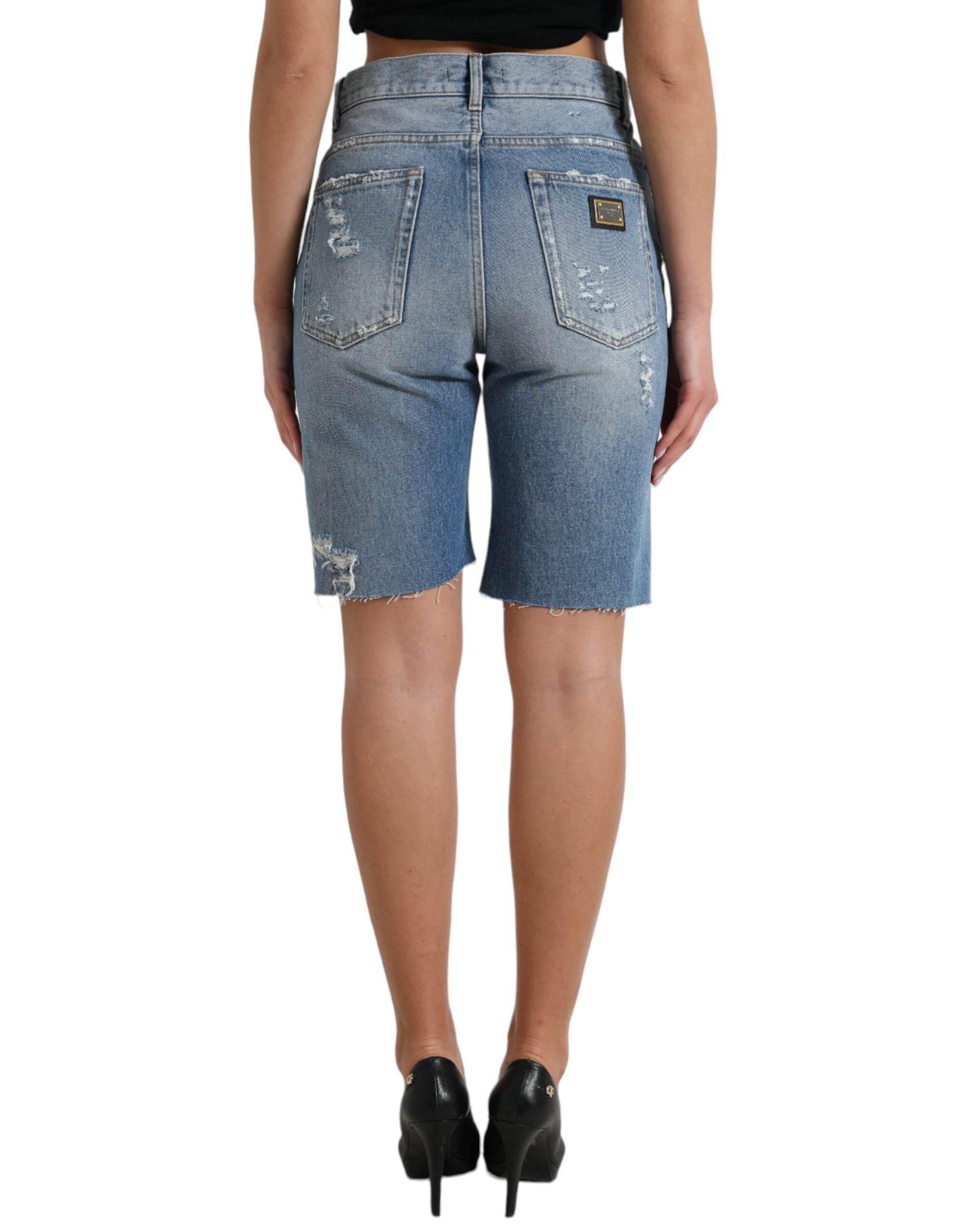 Dolce & Gabbana High Waist Embellished Bermuda Denim Shorts - Hilstor