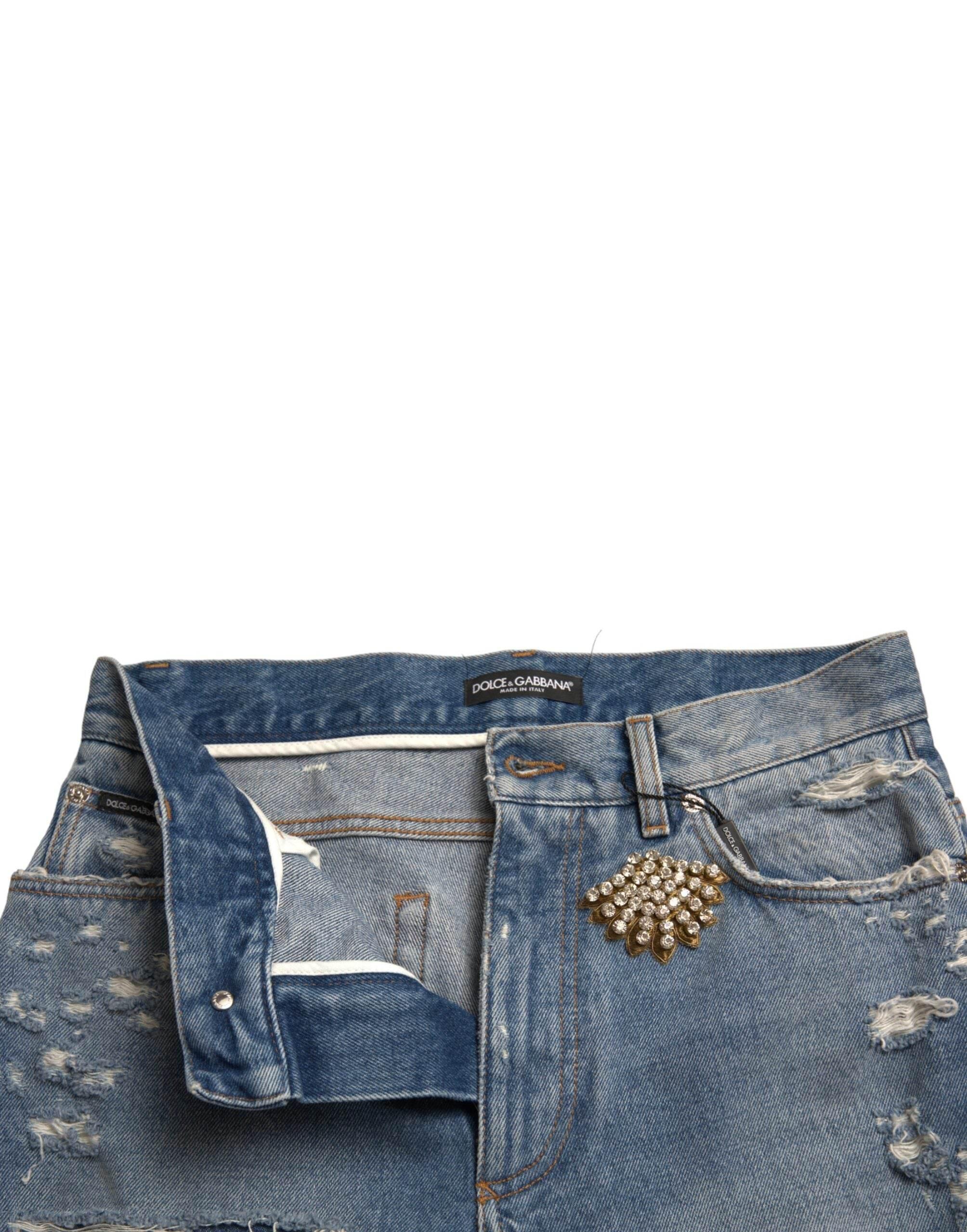 Dolce & Gabbana High Waist Embellished Bermuda Denim Shorts - Hilstor