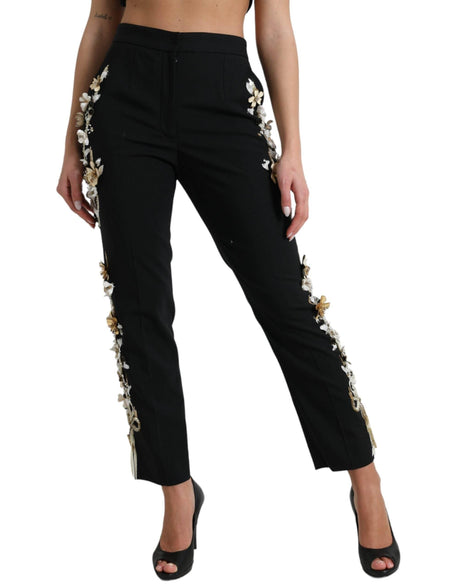Dolce & Gabbana Black Floral Applique High Waist Tapered Pants - Hilstor
