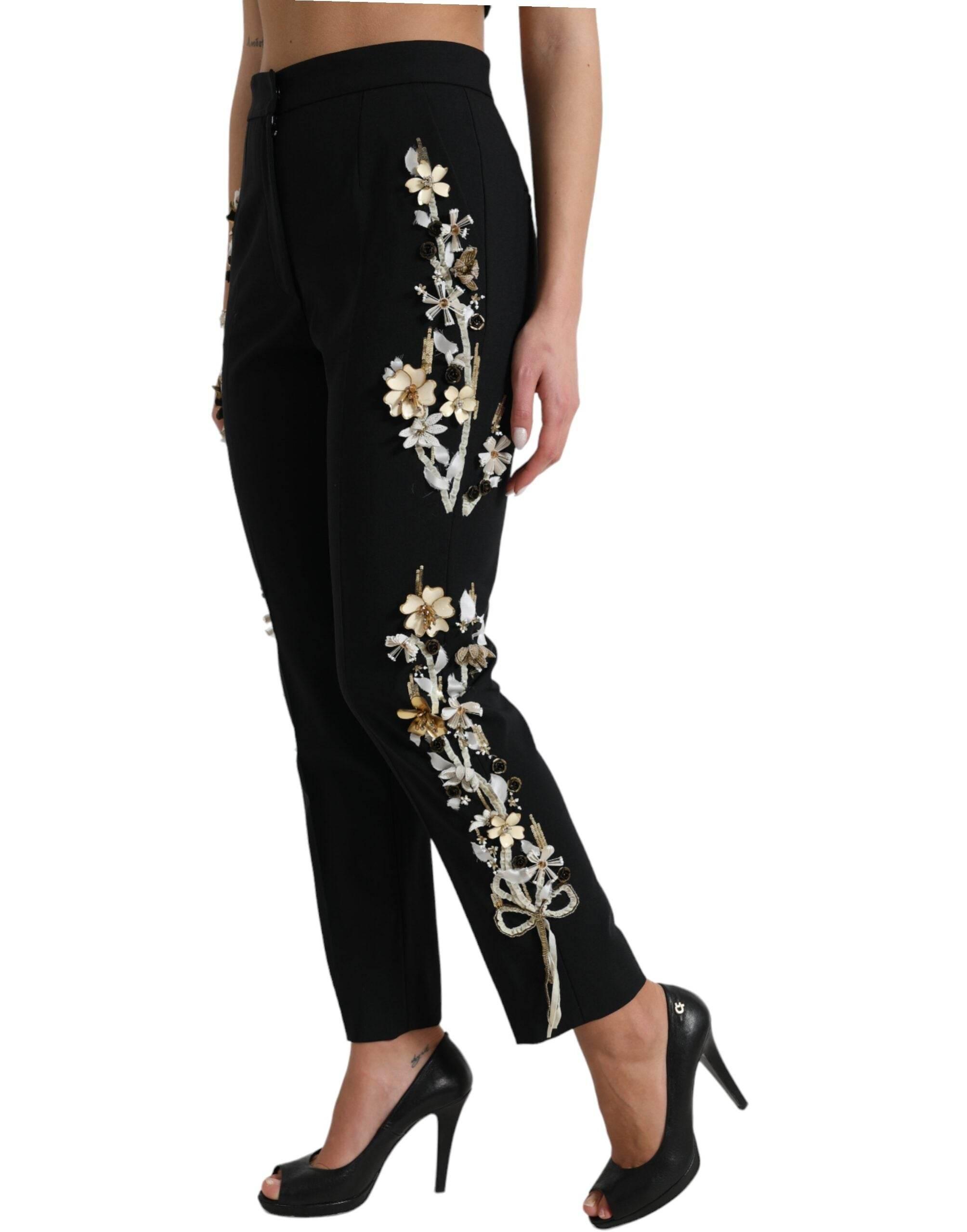 Dolce & Gabbana Black Floral Applique High Waist Tapered Pants - Hilstor