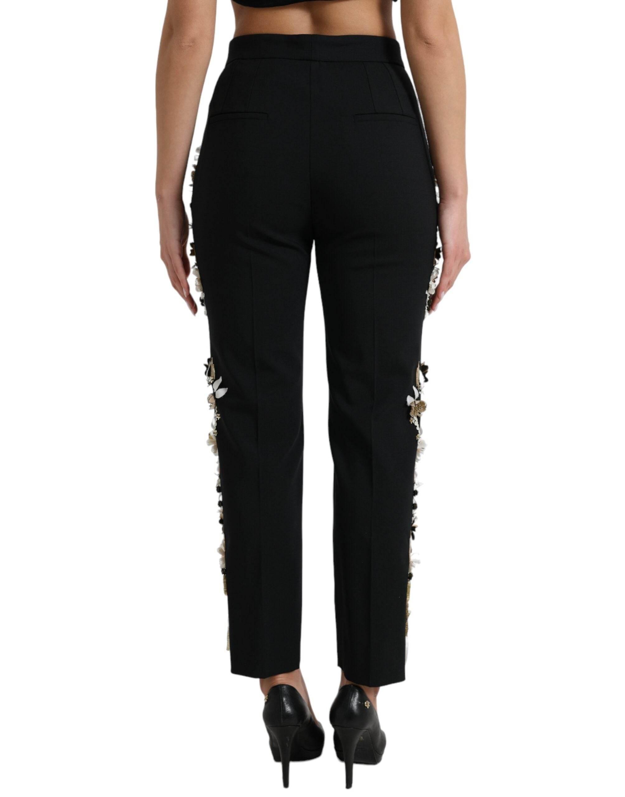 Dolce & Gabbana Black Floral Applique High Waist Tapered Pants - Hilstor