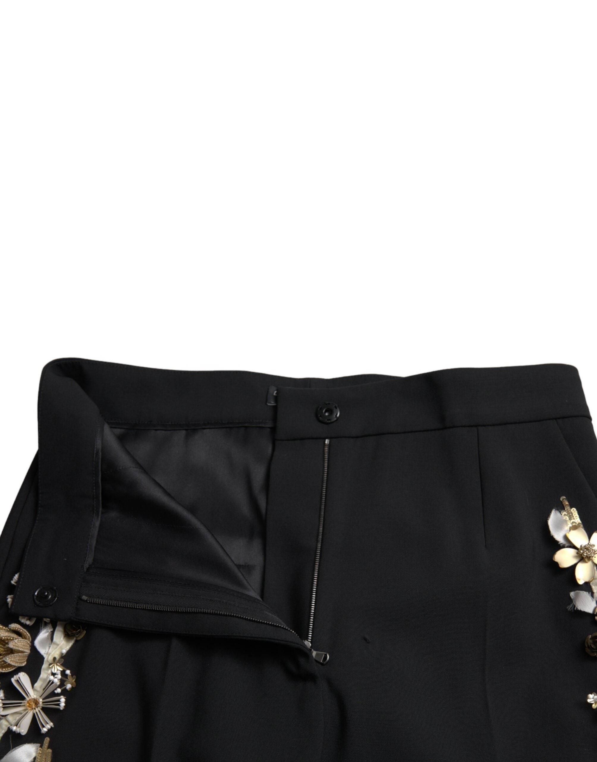 Dolce & Gabbana Black Floral Applique High Waist Tapered Pants - Hilstor