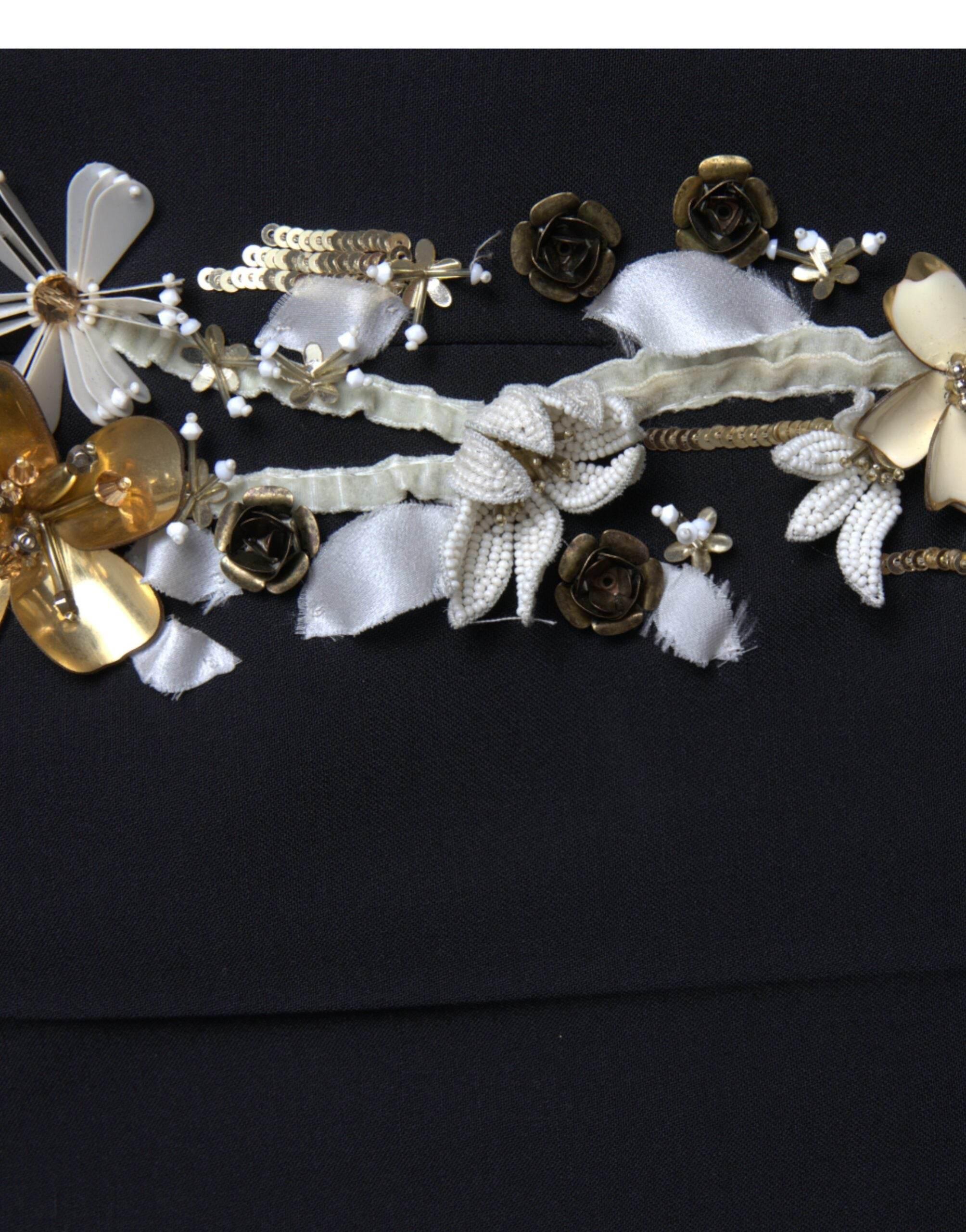 Dolce & Gabbana Black Floral Applique High Waist Tapered Pants - Hilstor