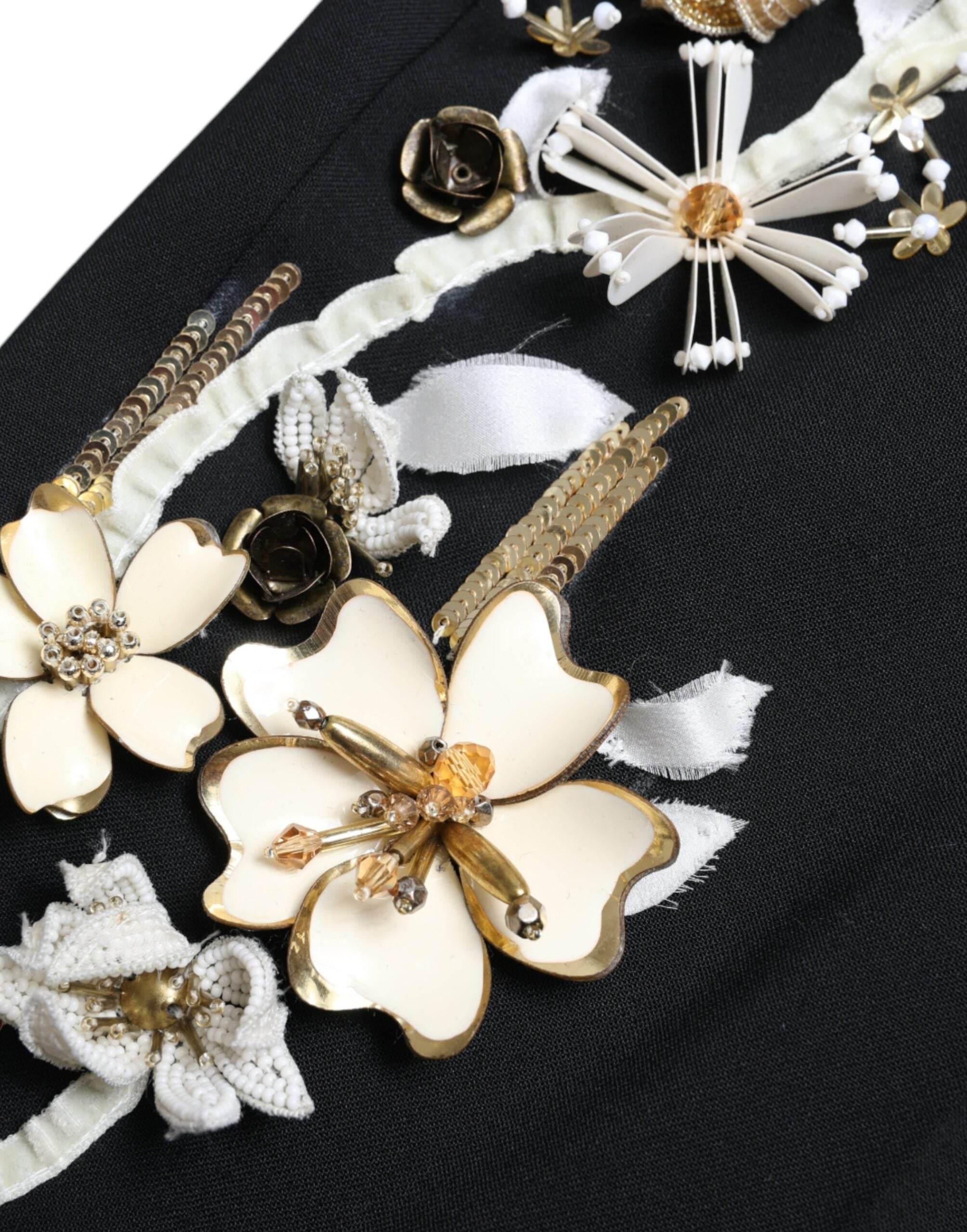 Dolce & Gabbana Black Floral Applique High Waist Tapered Pants - Hilstor