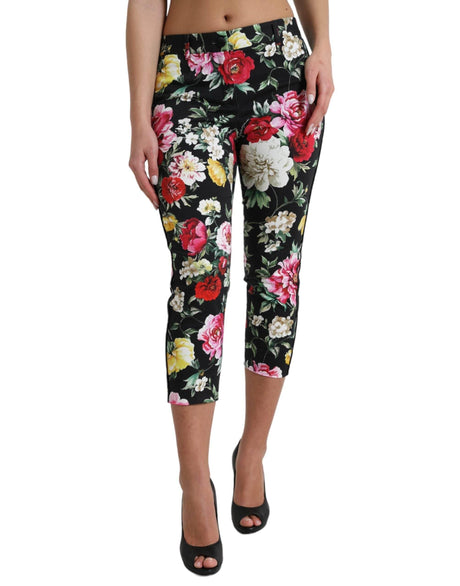 Dolce & Gabbana Black Floral Print Mid Waist Cropped Pants - Hilstor