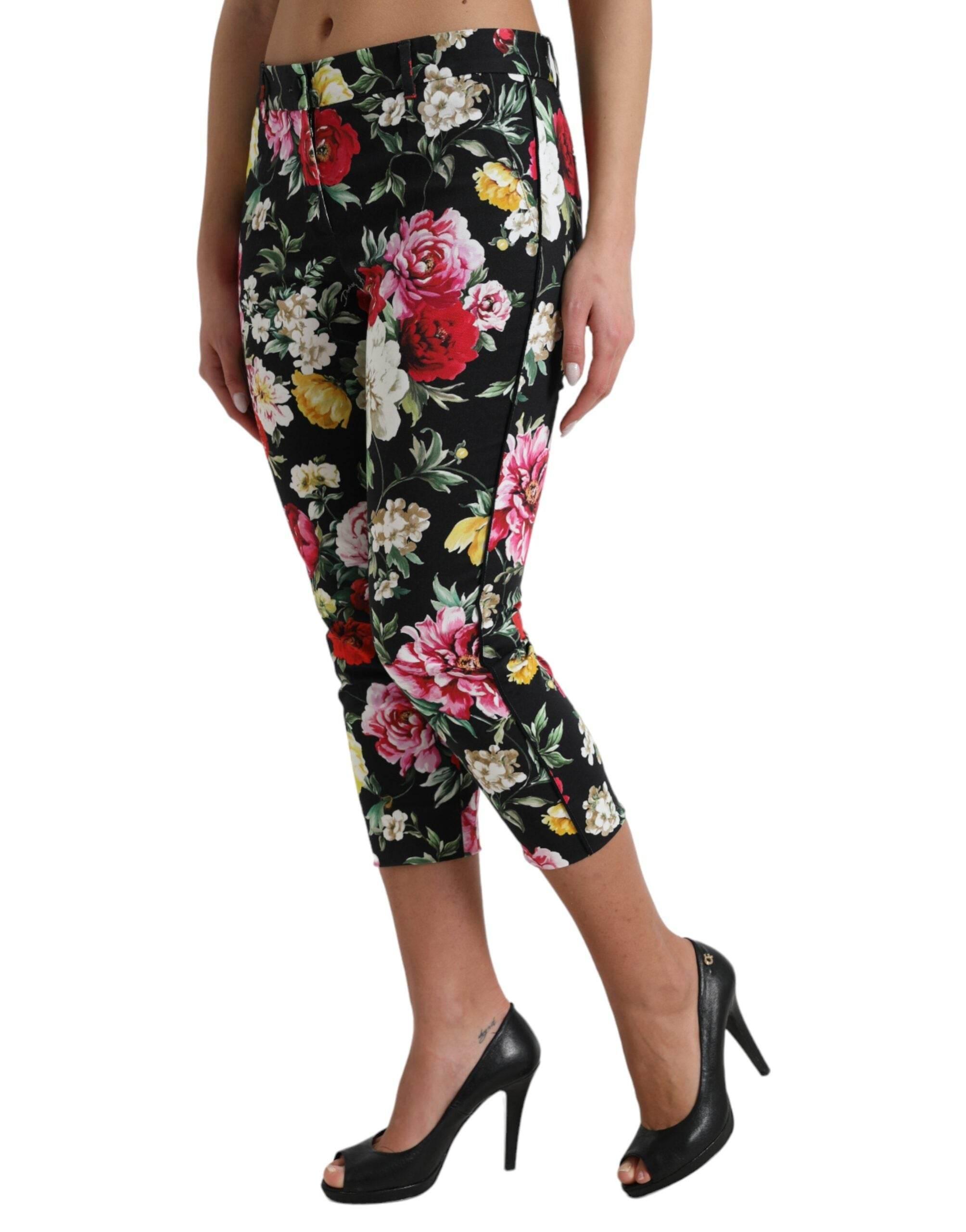 Dolce & Gabbana Black Floral Print Mid Waist Cropped Pants - Hilstor