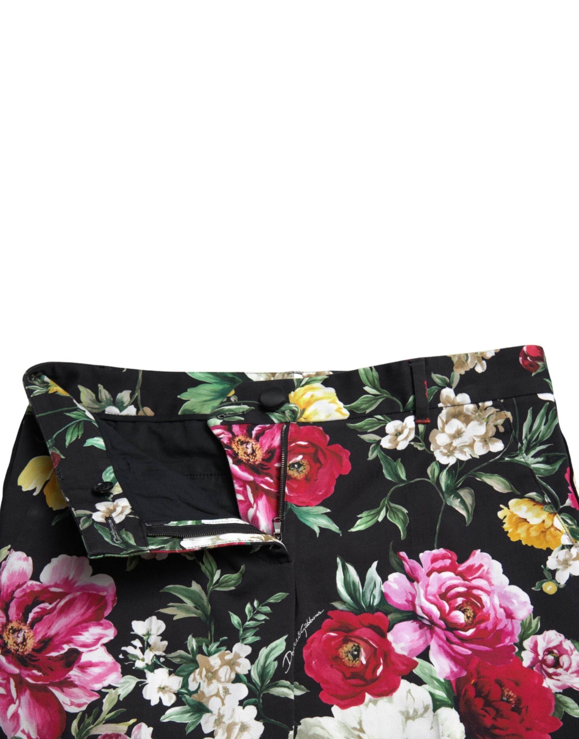 Dolce & Gabbana Black Floral Print Mid Waist Cropped Pants - Hilstor