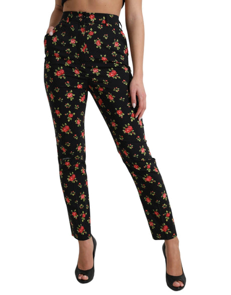 Dolce & Gabbana Black Floral Wool High Waist Tapered Pants - Hilstor