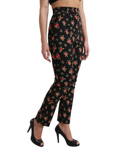 Dolce & Gabbana Black Floral Wool High Waist Tapered Pants - Hilstor