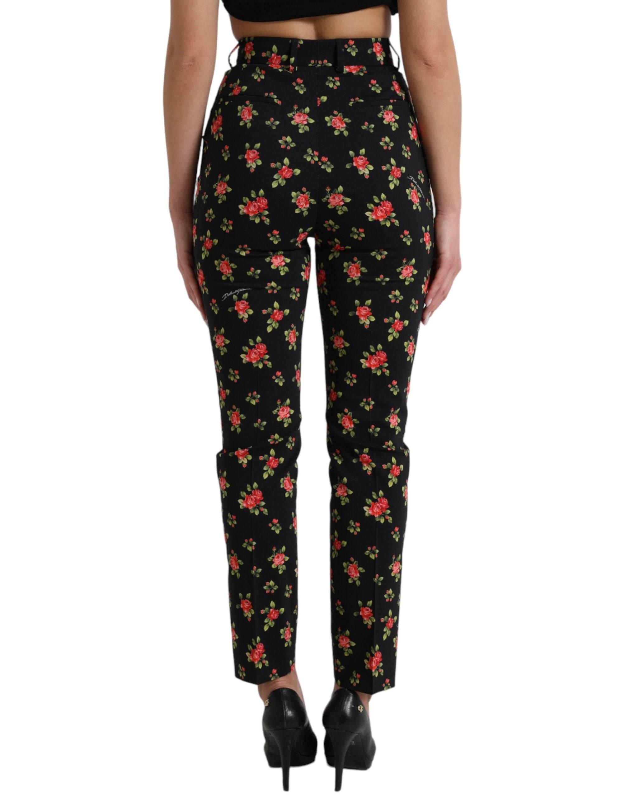 Dolce & Gabbana Black Floral Wool High Waist Tapered Pants - Hilstor